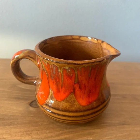 Bar Harbor Pottery 3.25” Creamer Pitcher Maine Vintage Retro Brown Orange Drip - Picture 3 of 11